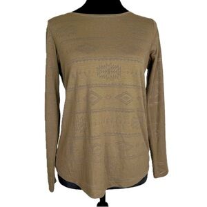 J. Jill T-Shirt Tee XS Petite Olive Green Long Sleeve Aztec Tribal Geometric